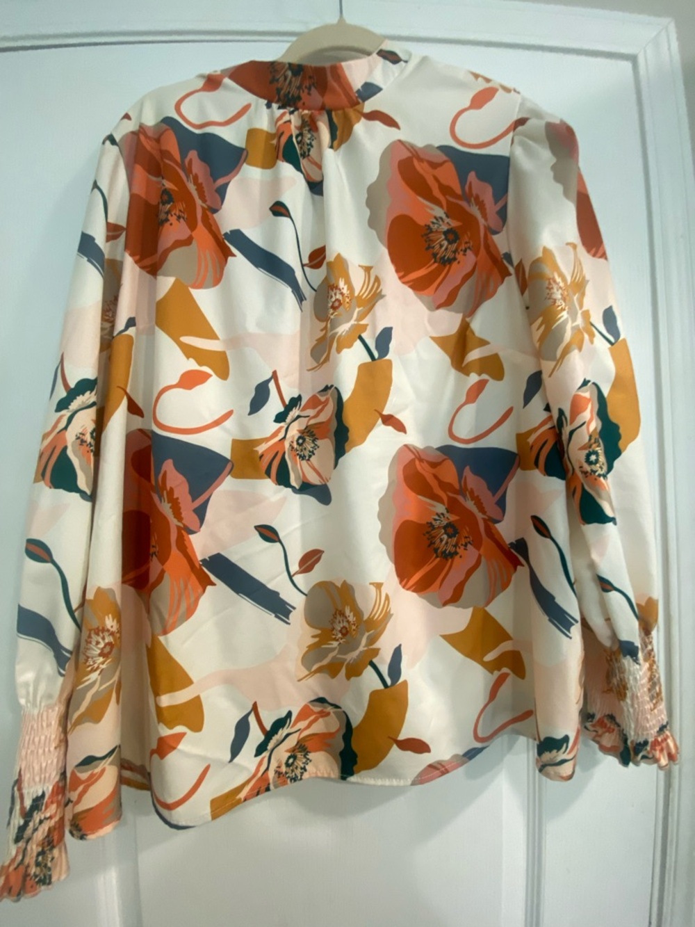 SHEIN White Floral Long-Sleeve Blouse with Orange & Mustard Accents